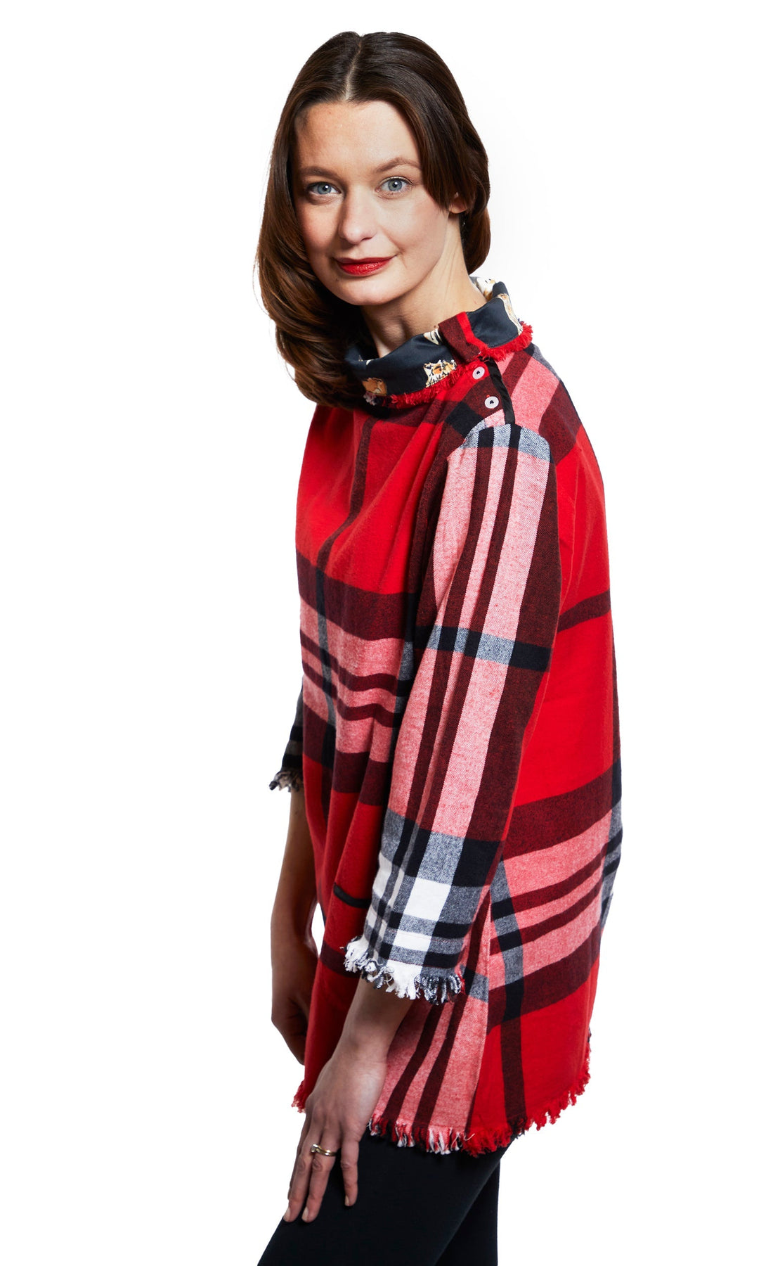 Dizzy-Lizzie Aspen cowl neck tunic with fringe, button details, in red yarndyed flannel plaid, casual women’s tops.