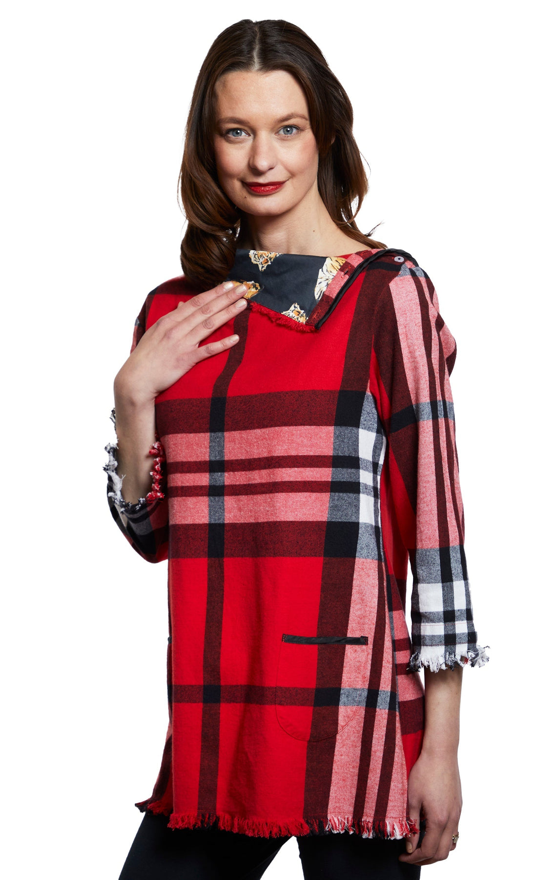 Dizzy-Lizzie Aspen cowl neck tunic in red yarndyed flannel plaid with fringe and button details, casual top for women.