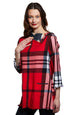 Dizzy-Lizzie Aspen cowl neck tunic in red yarndyed flannel plaid with fringe and button neckline, casual women&