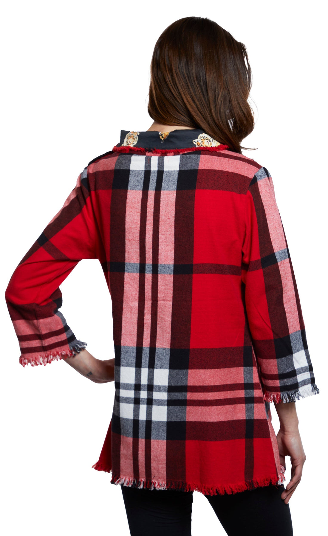 Dizzy-Lizzie Aspen cowl neck tunic with fringe and button detail in red yarndyed flannel plaid, long sleeve top for women.