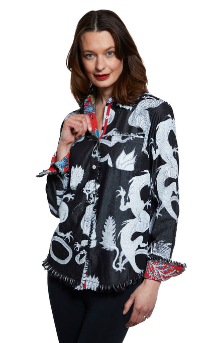 Black denim Cape Cod Tunic by Dizzy-Lizzie featuring white dragon embroidery, casual top with long sleeves and relaxed fit.