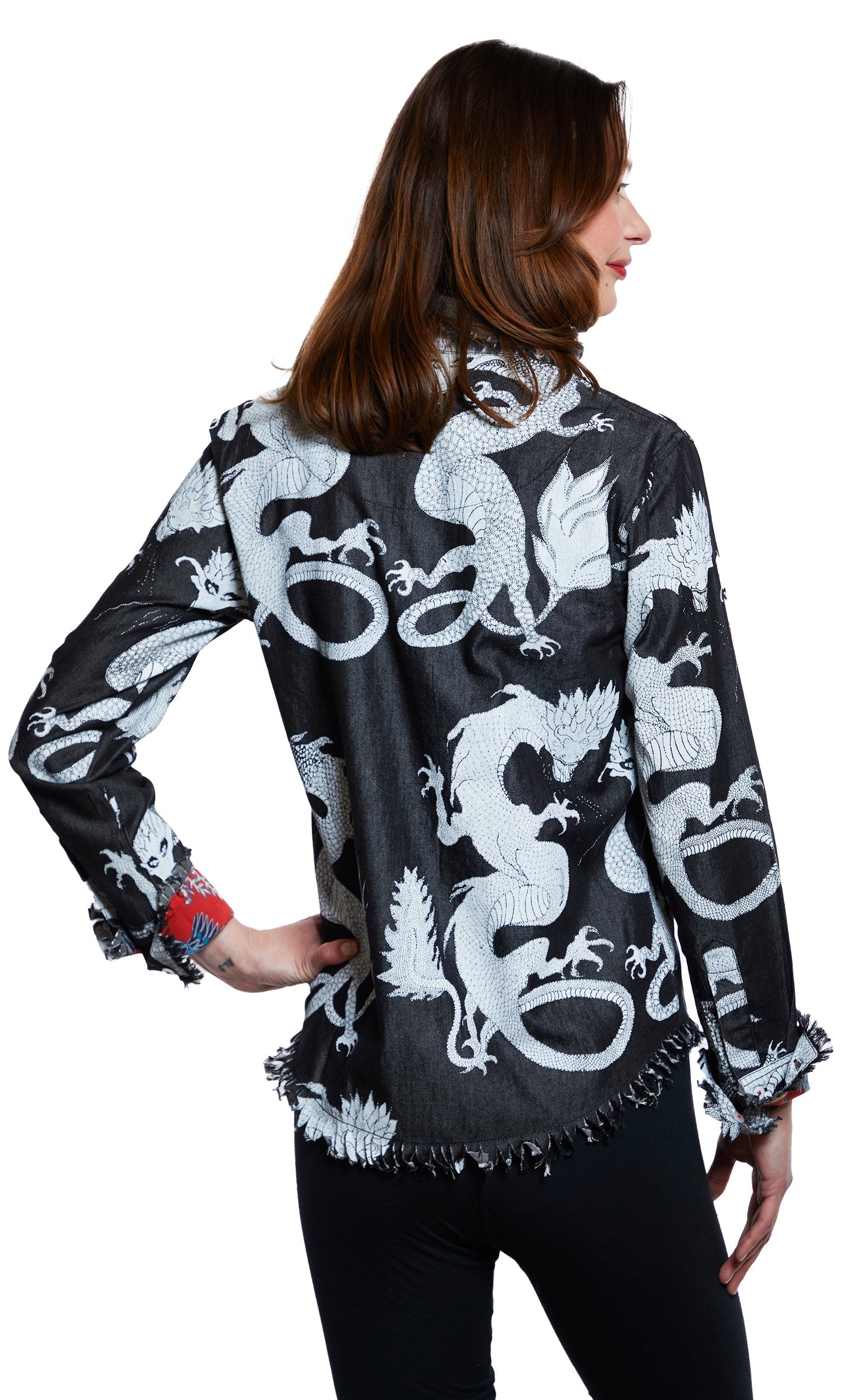 Black denim Cape Cod tunic by Dizzy-Lizzie featuring white dragon embroidery, styled as a casual top with a relaxed fit.