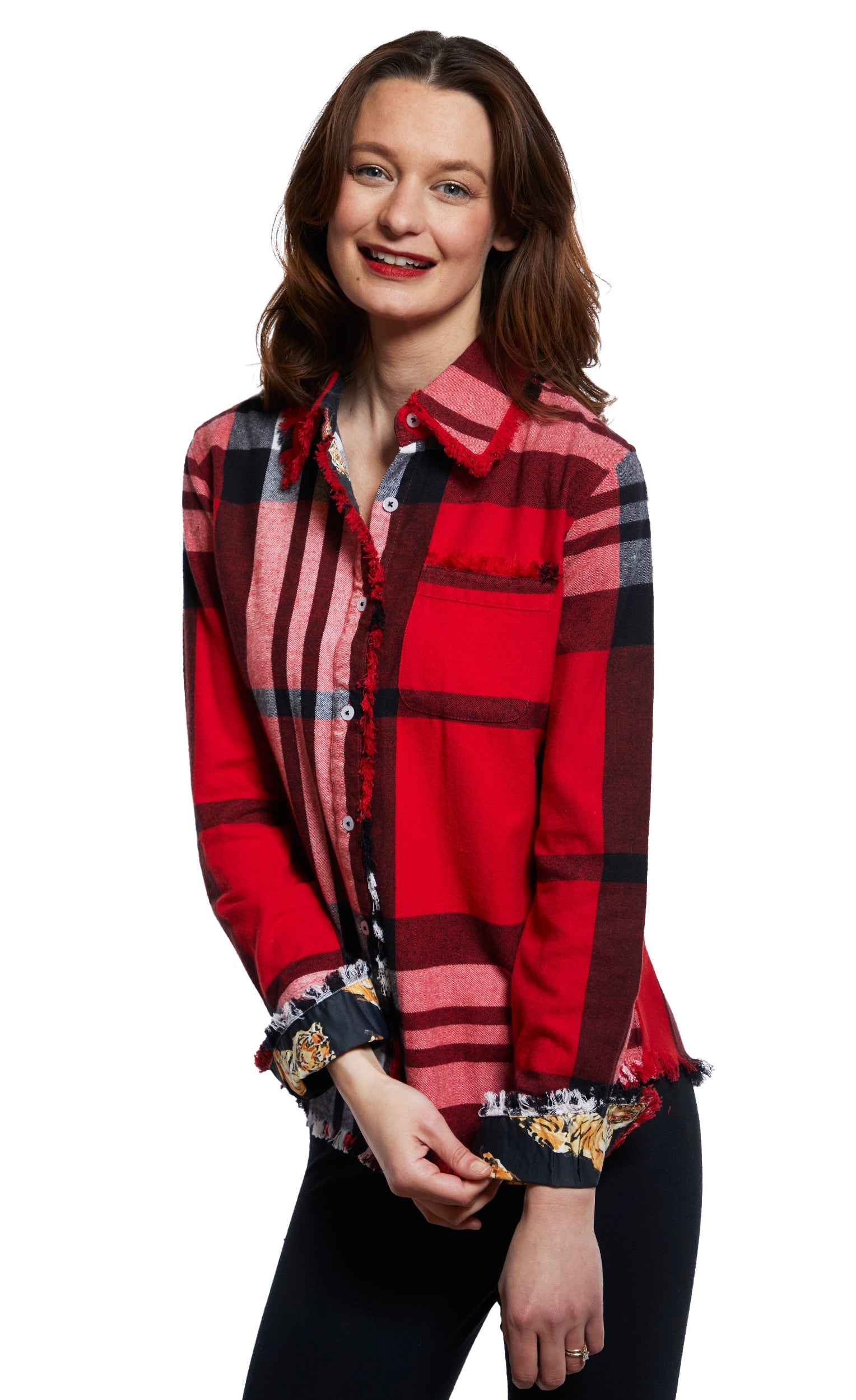 Red Yarndyed Flannel Plaid Cape Cod Tunic with fringe bottom, stylish Dizzy-Lizzie top featuring a relaxed fit and vibrant pattern.