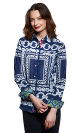 Dizzy-Lizzie Cape Cod Tunic in denim with white links pattern, stylish denim top with intricate white link design.