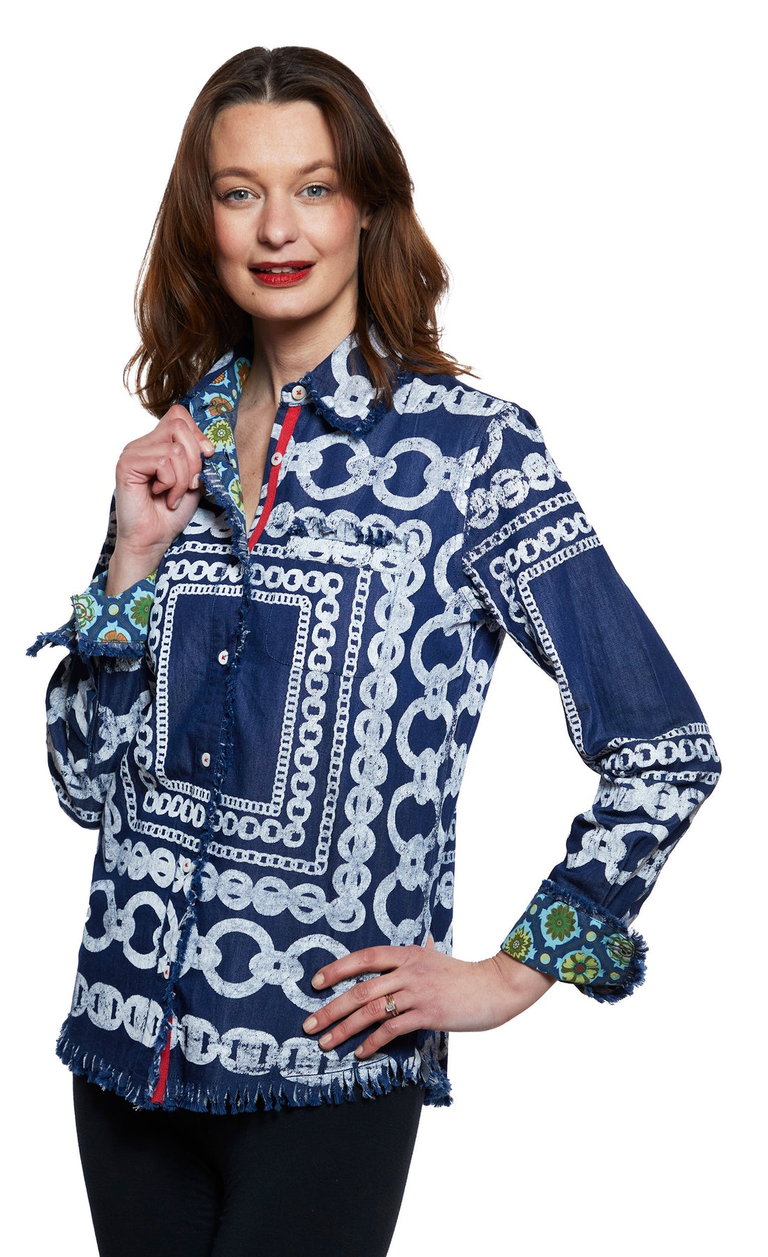 Dizzy-Lizzie Cape Cod Tunic in denim with white links pattern, stylish casual top featuring a relaxed fit and unique design.