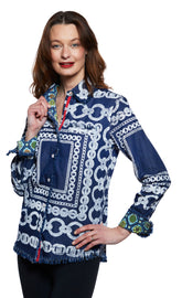 Dizzy-Lizzie Cape Cod Tunic in denim with white links pattern, stylish casual top featuring a relaxed fit and unique design.
