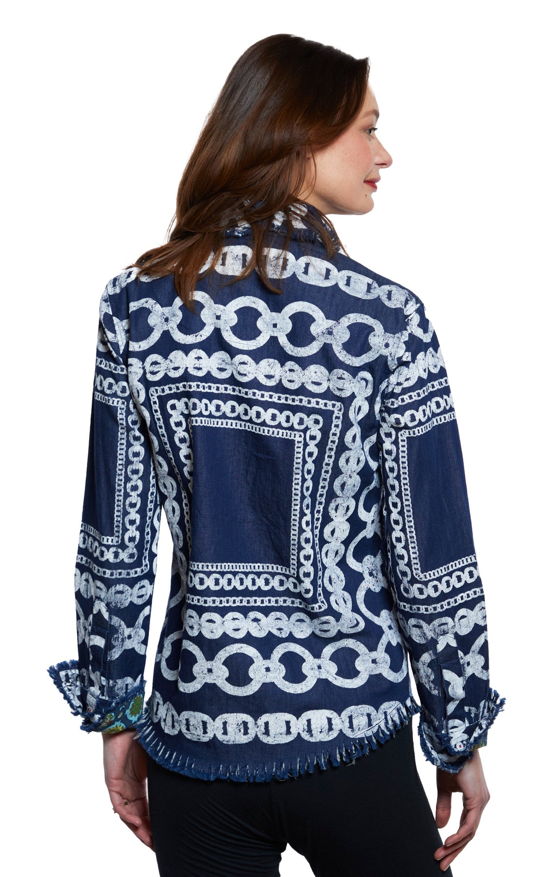 Dizzy-Lizzie Cape Cod Tunic in denim with white links pattern, stylish denim top featuring a casual, patterned design.