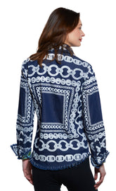 Dizzy-Lizzie Cape Cod Tunic in denim with white links pattern, stylish denim top featuring a casual, patterned design.