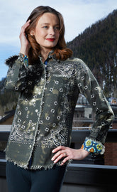 Dizzy-Lizzie Cape Cod olive green bandana print top with a relaxed fit, featuring a stylish bandana pattern and casual design.