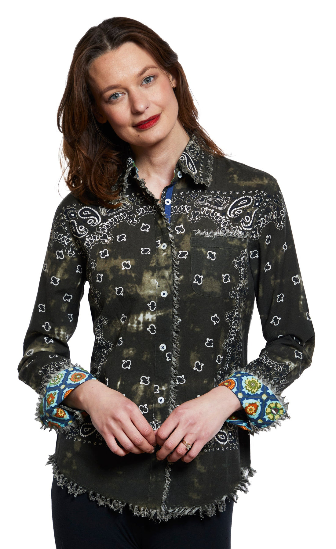 Dizzy-Lizzie Cape Cod olive green bandana print top with a stylish, casual design, featuring a bandana pattern on soft fabric.