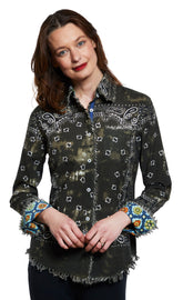 Dizzy-Lizzie Cape Cod olive green bandana print top with a stylish, casual design, featuring a bandana pattern on soft fabric.