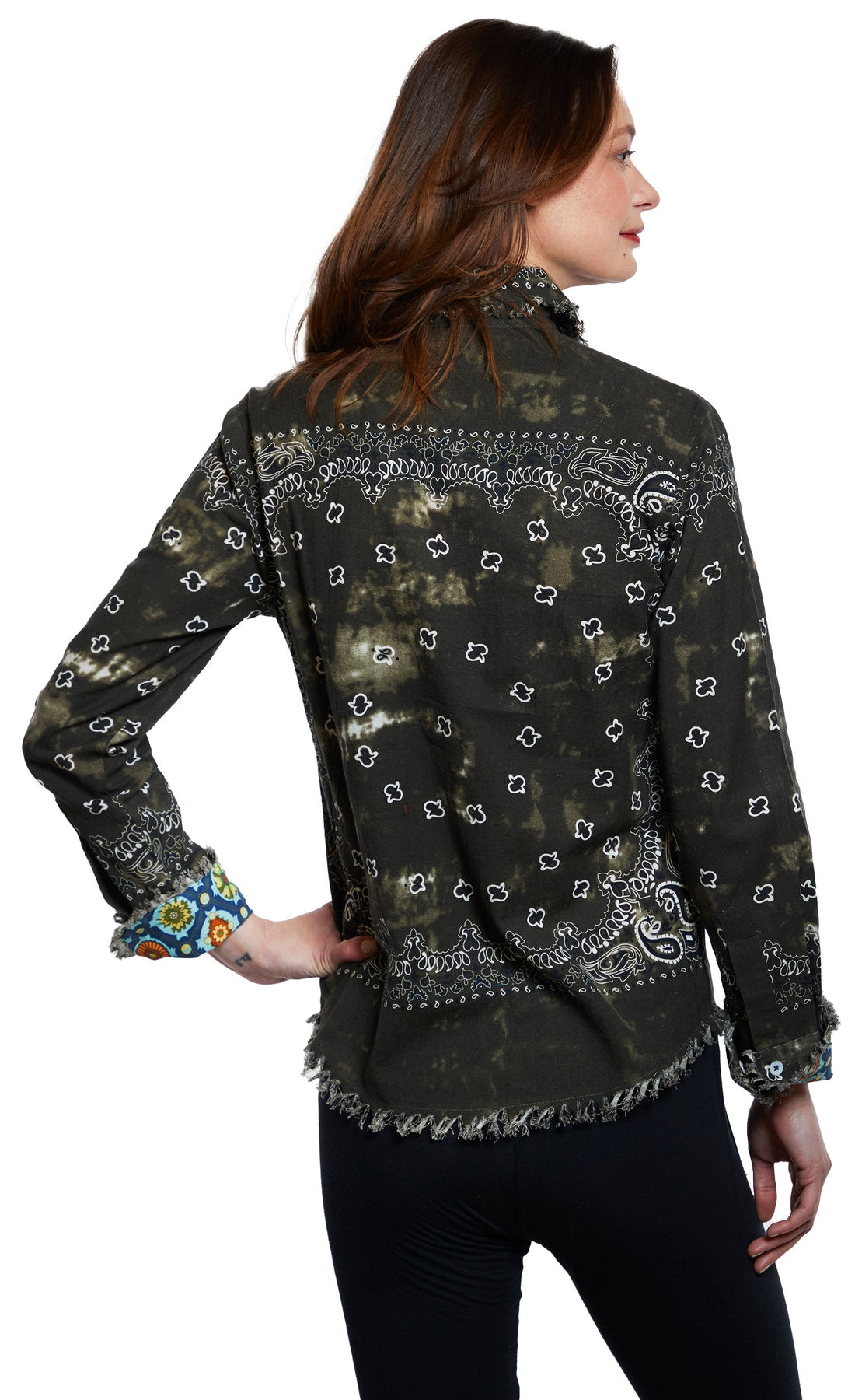 Dizzy-Lizzie Cape Cod olive green bandana print top with a stylish, casual design and lightweight fabric.