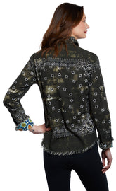 Dizzy-Lizzie Cape Cod olive green bandana print top with a stylish, casual design and lightweight fabric.