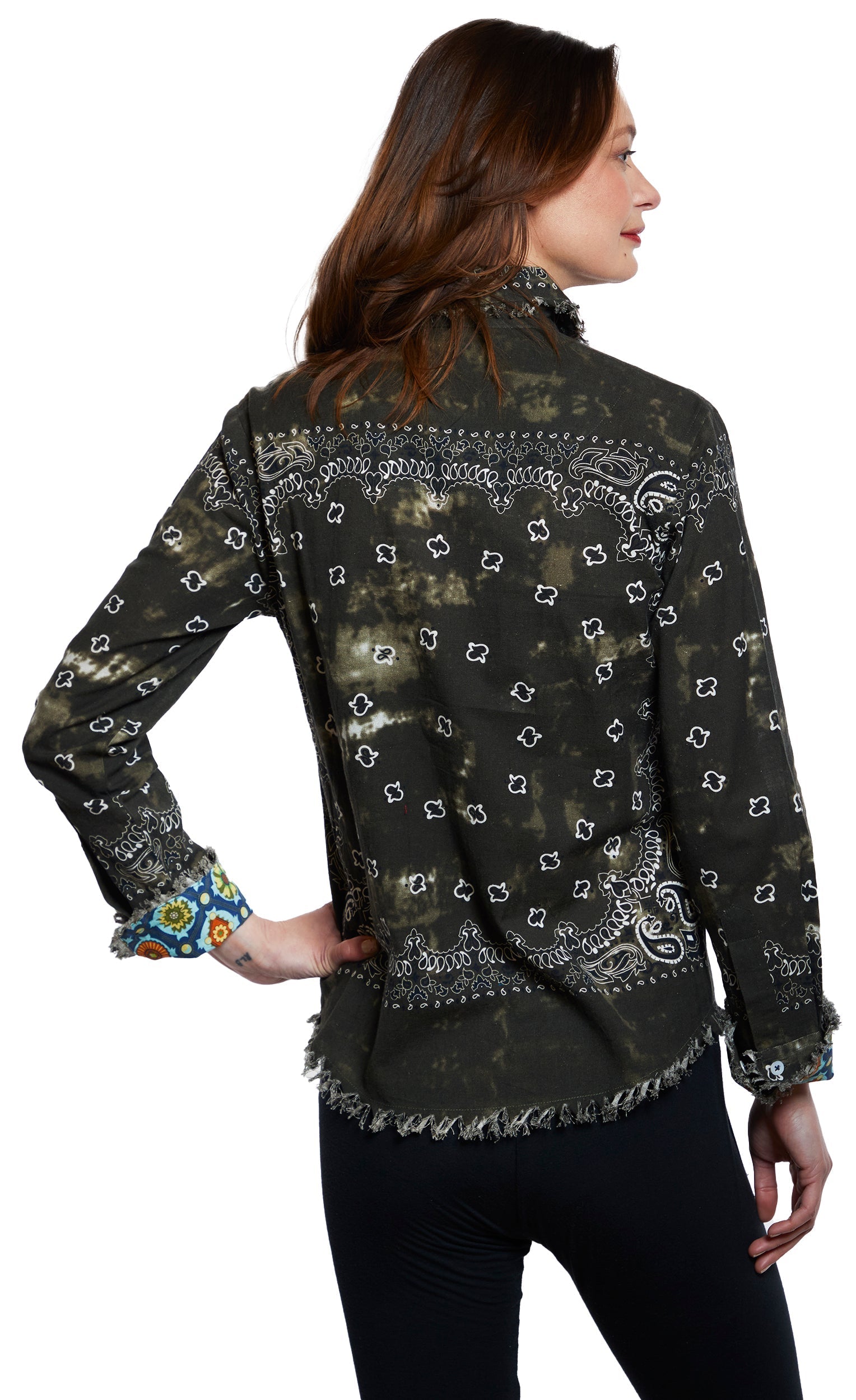 Olive green bandana print top by Dizzy-Lizzie featuring a stylish, casual design with a relaxed fit and bandana pattern.