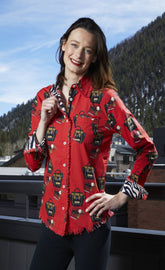 Dizzy-Lizzie Cape Cod Fashionista handbag print top on red background, casual women’s blouse with stylish handbag design.