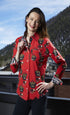 Dizzy-Lizzie Cape Cod Fashionista handbag print on a red ground, displayed on a stylish top with bold design and vibrant colors.