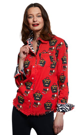 Dizzy-Lizzie Cape Cod Fashionista handbag print top in red ground, stylish women&