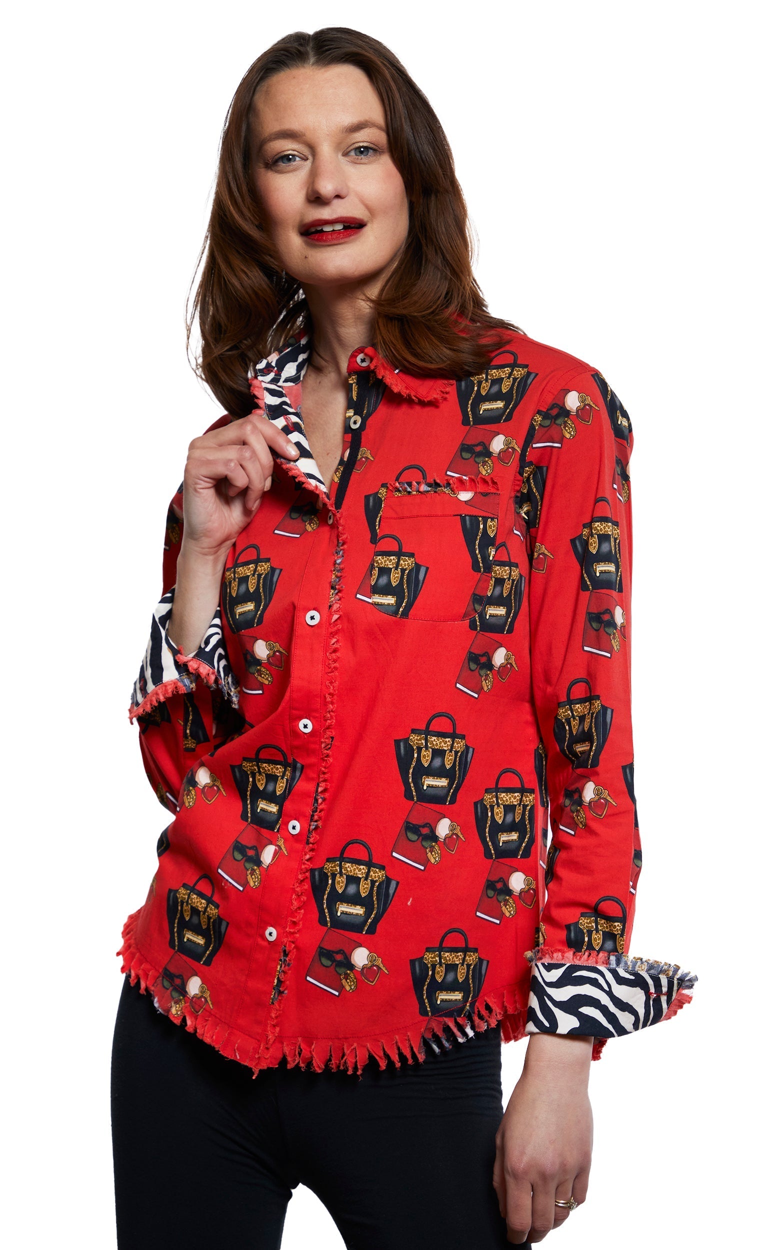 Dizzy-Lizzie Cape Cod Fashionista handbag print top featuring a vibrant red ground with stylish handbag illustrations.