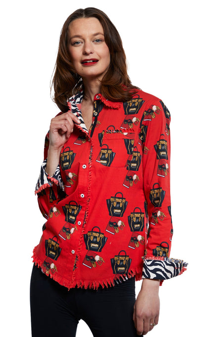 Dizzy-Lizzie Cape Cod Fashionista handbag print top featuring a vibrant red ground with stylish handbag illustrations.