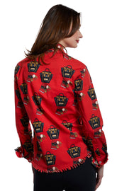 Dizzy-Lizzie Cape Cod Fashionista handbag print top in red ground, stylish women&