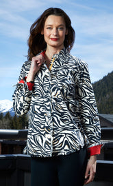 Dizzy-Lizzie Cape Cod black and white zebra print top in xs size, featuring bold animal pattern and stylish design.