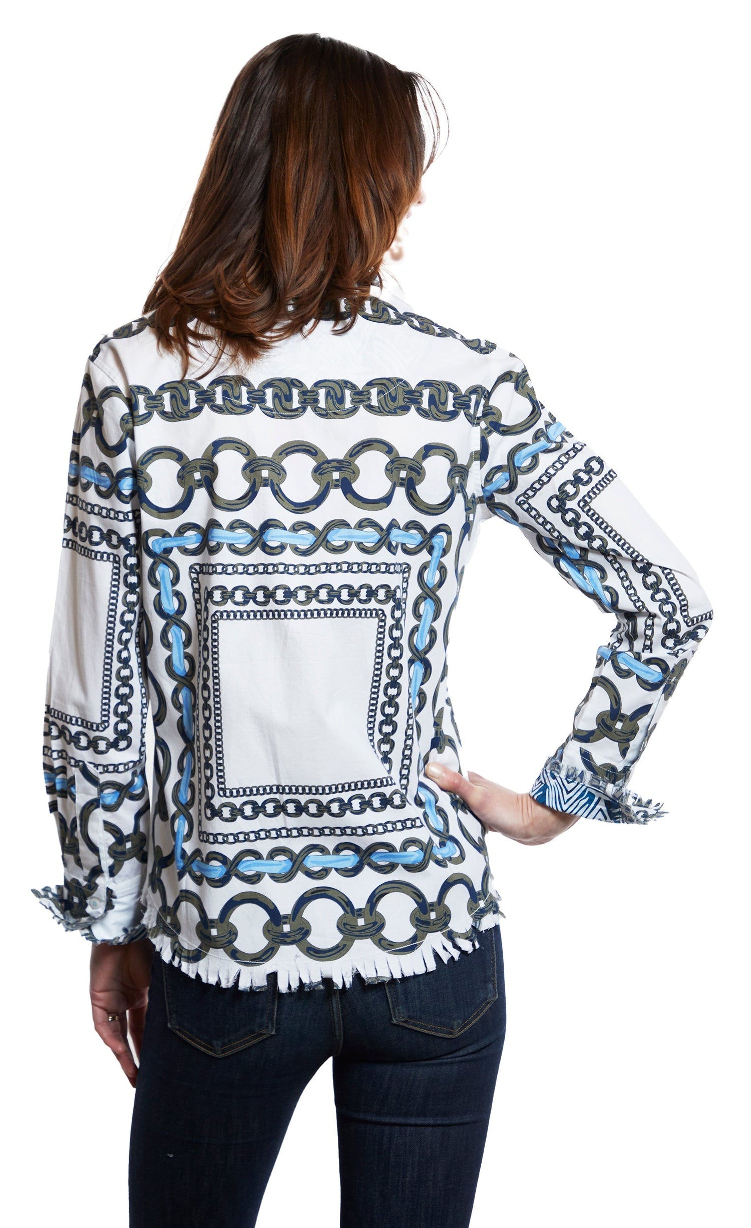 Olive green and navy link print Cape Cod tunic top by Dizzy-Lizzie, featuring a relaxed fit and stylish design.
