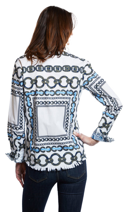 Olive green and navy link print Cape Cod tunic top by Dizzy-Lizzie, featuring a relaxed fit and stylish design.