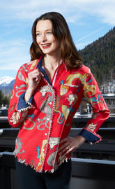 Red Cape Cod Tunic by Dizzy-Lizzie featuring a dragon print, lightweight top with a relaxed fit and vibrant design.