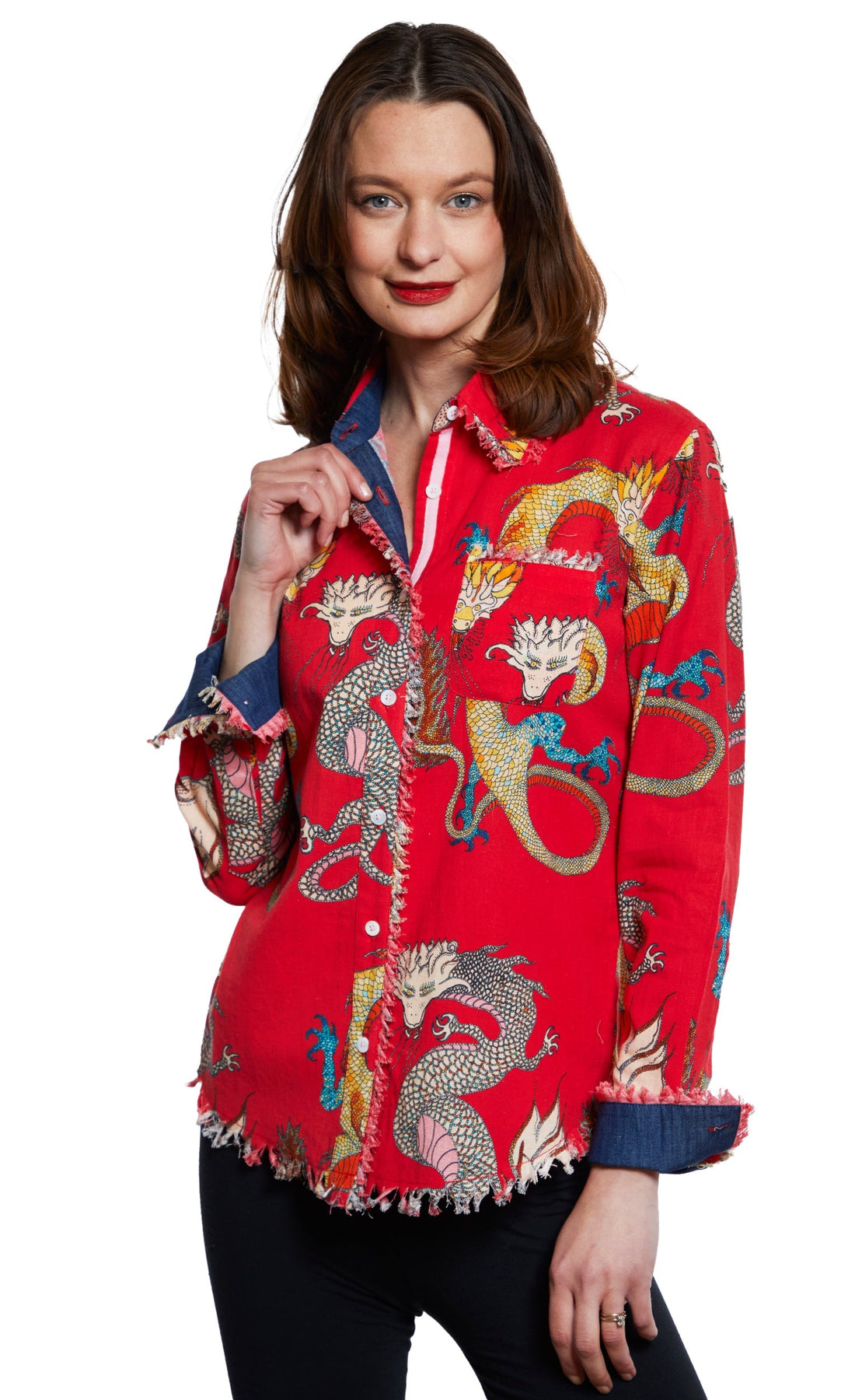 Red Cape Cod Tunic by Dizzy-Lizzie featuring a dragon print, long sleeves, and a relaxed fit, perfect for casual wear.