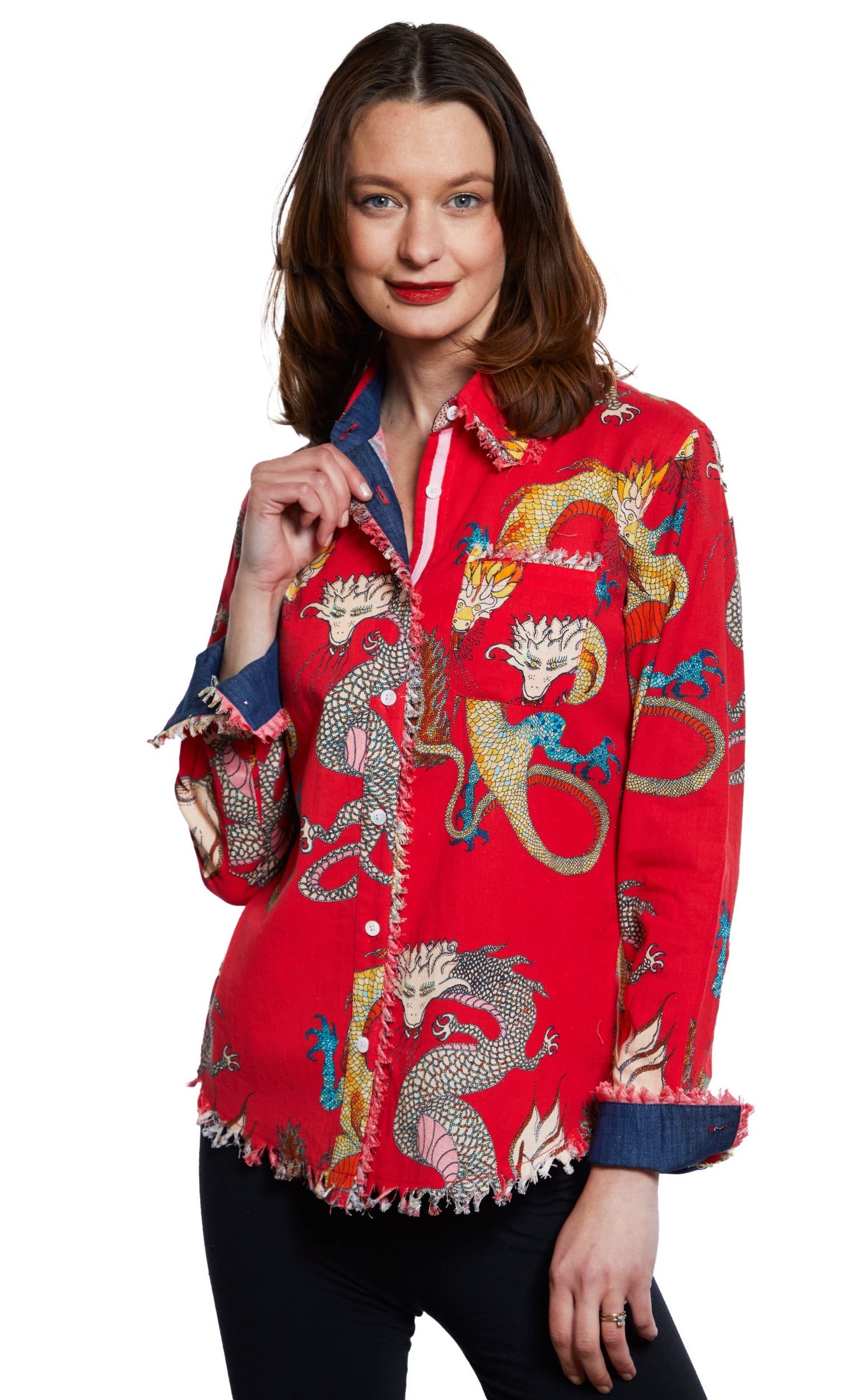 Red Cape Cod Tunic by Dizzy-Lizzie featuring a dragon print, long sleeves, and a relaxed fit, perfect for casual wear.