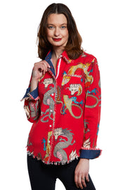 Red ground dragon print Cape Cod Tunic top by Dizzy-Lizzie, featuring a comfortable fit and vibrant design.