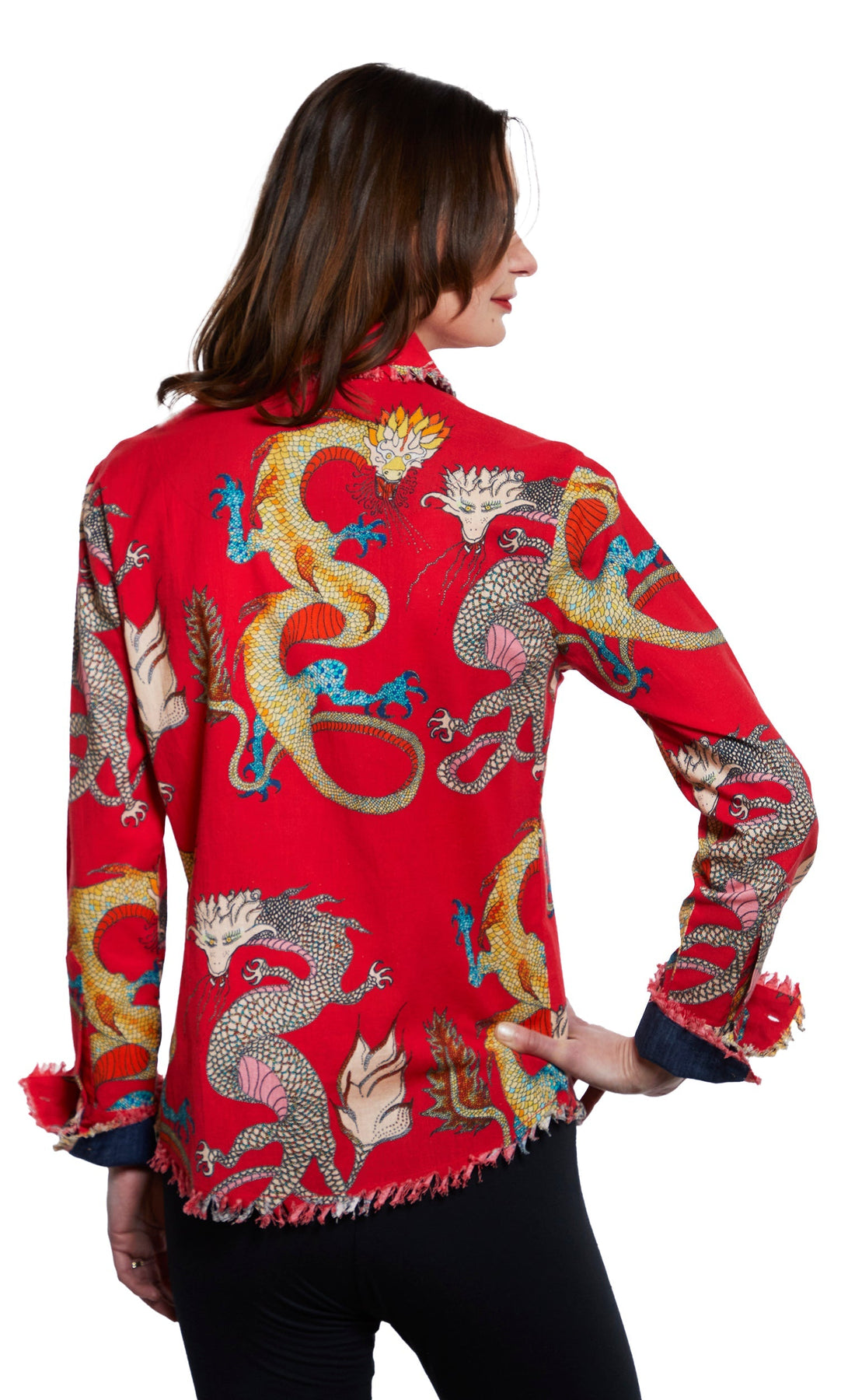 Red ground dragon print Cape Cod Tunic top by Dizzy-Lizzie, featuring a flowing design and vibrant dragon pattern.