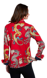 Red ground dragon print Cape Cod Tunic top by Dizzy-Lizzie, featuring a flowing design and vibrant dragon pattern.