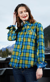 Dizzy-Lizzie Cape Cod Tunic in indigo blue yarn-dyed flannel plaid with fringe bottom, casual top with relaxed fit and plaid pattern.