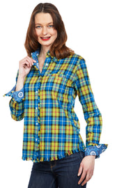 Dizzy-Lizzie Cape Cod tunic top with fringe bottom in indigo blue yarn-dyed flannel plaid fabric, casual boho style.