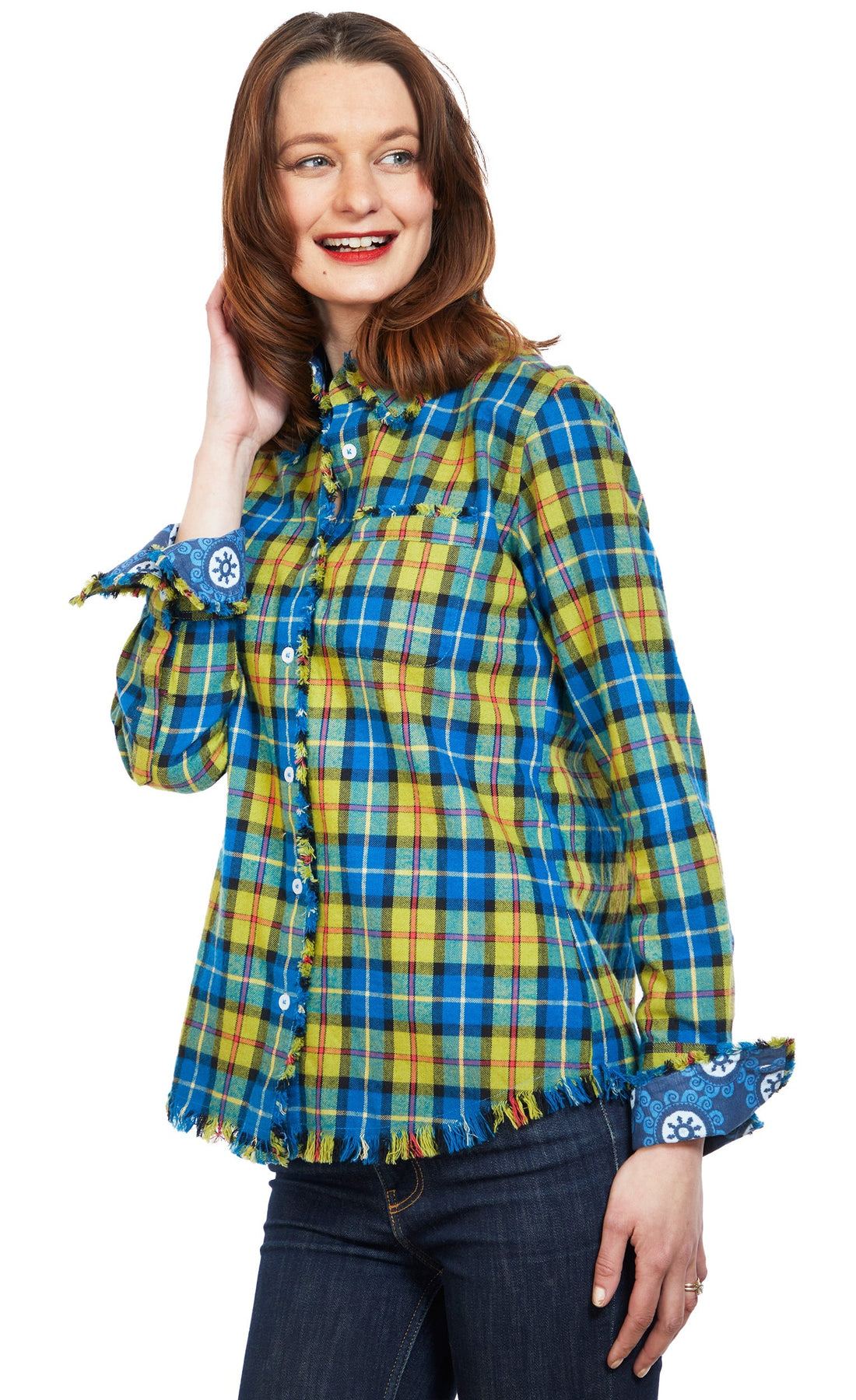Dizzy-Lizzie Cape Cod Tunic in indigo blue yarn-dyed flannel plaid with fringe bottom, casual and cozy top.