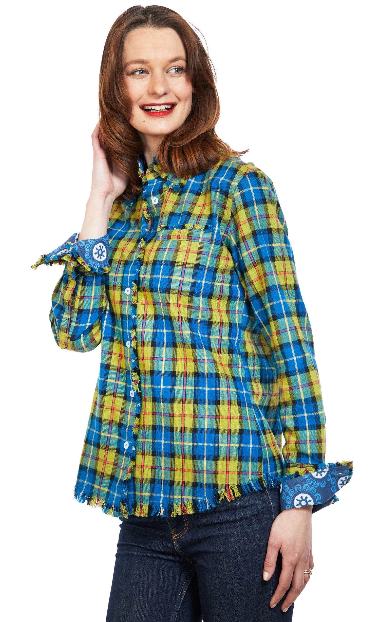 Dizzy-Lizzie Cape Cod tunic with fringe bottom in indigo blue yarn-dyed plaid flannel, featuring a cozy, casual top style.