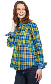 Dizzy-Lizzie Cape Cod Tunic in indigo blue yarn-dyed flannel plaid with fringe bottom, casual and cozy top.