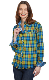 Dizzy-Lizzie Cape Cod Tunic in indigo blue yarn-dyed flannel plaid with fringe bottom, stylish casual top for women.