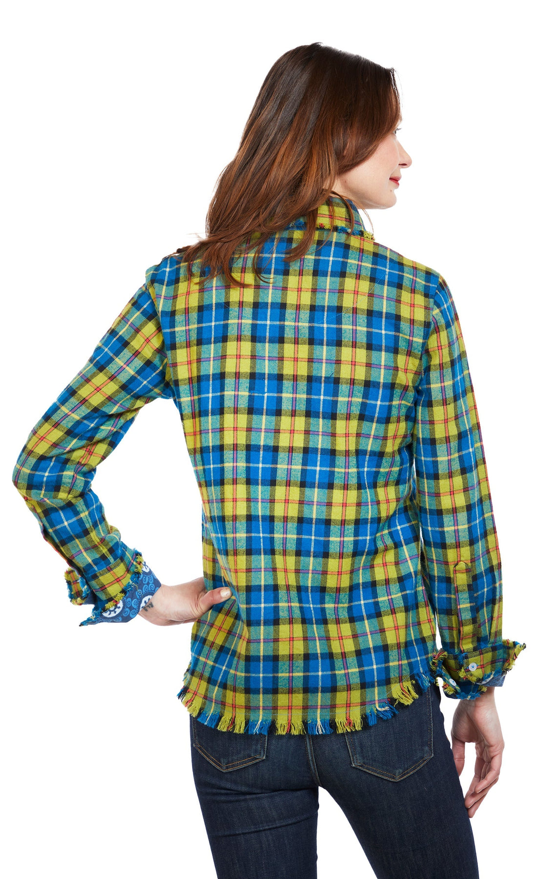 Dizzy-Lizzie Cape Cod Tunic with fringe bottom in indigo blue yarn-dyed flannel plaid, casual tops for women.