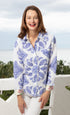 Blue and white oversized paisley cotton linen Cape Cod Top by Dizzy-Lizzie, showing the relaxed fit and detailed pattern.