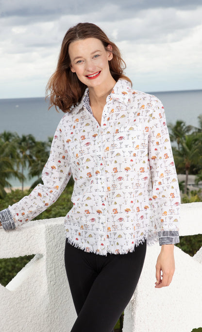 Dizzy-Lizzie Cape Cod Top featuring Little Martinis and Snacks print, casual sleeveless shirt for women.