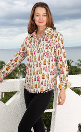 Dizzy-Lizzie Cape Cod Tunic in Moroccan lantern print with linen and cotton fabric, featuring a relaxed top design.