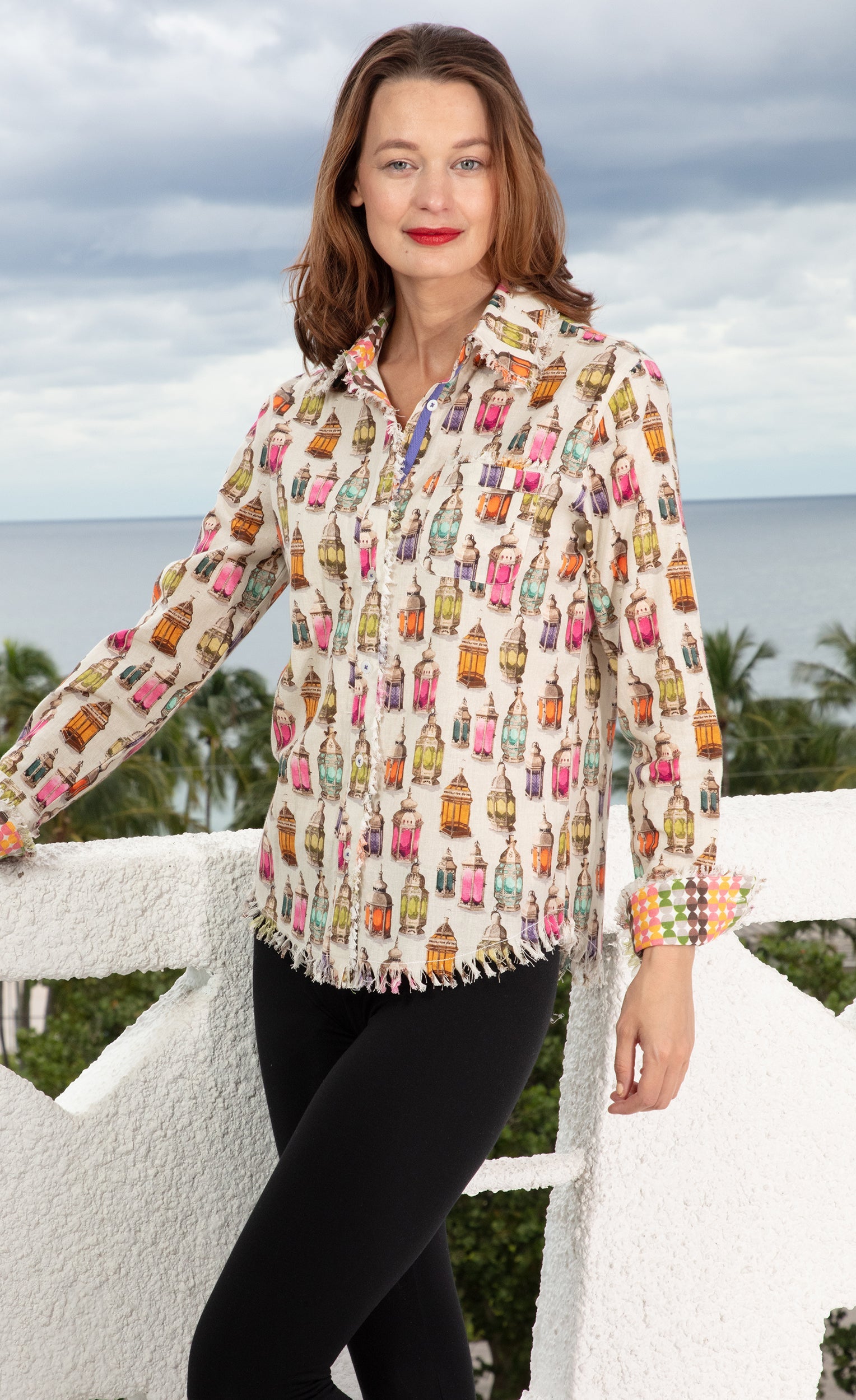 Dizzy-Lizzie Cape Cod Tunic in Moroccan lantern print linen and cotton, stylish lightweight top with intricate pattern.