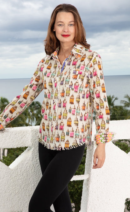 Dizzy-Lizzie Cape Cod Tunic in Moroccan lantern print linen and cotton, stylish lightweight top with intricate pattern.