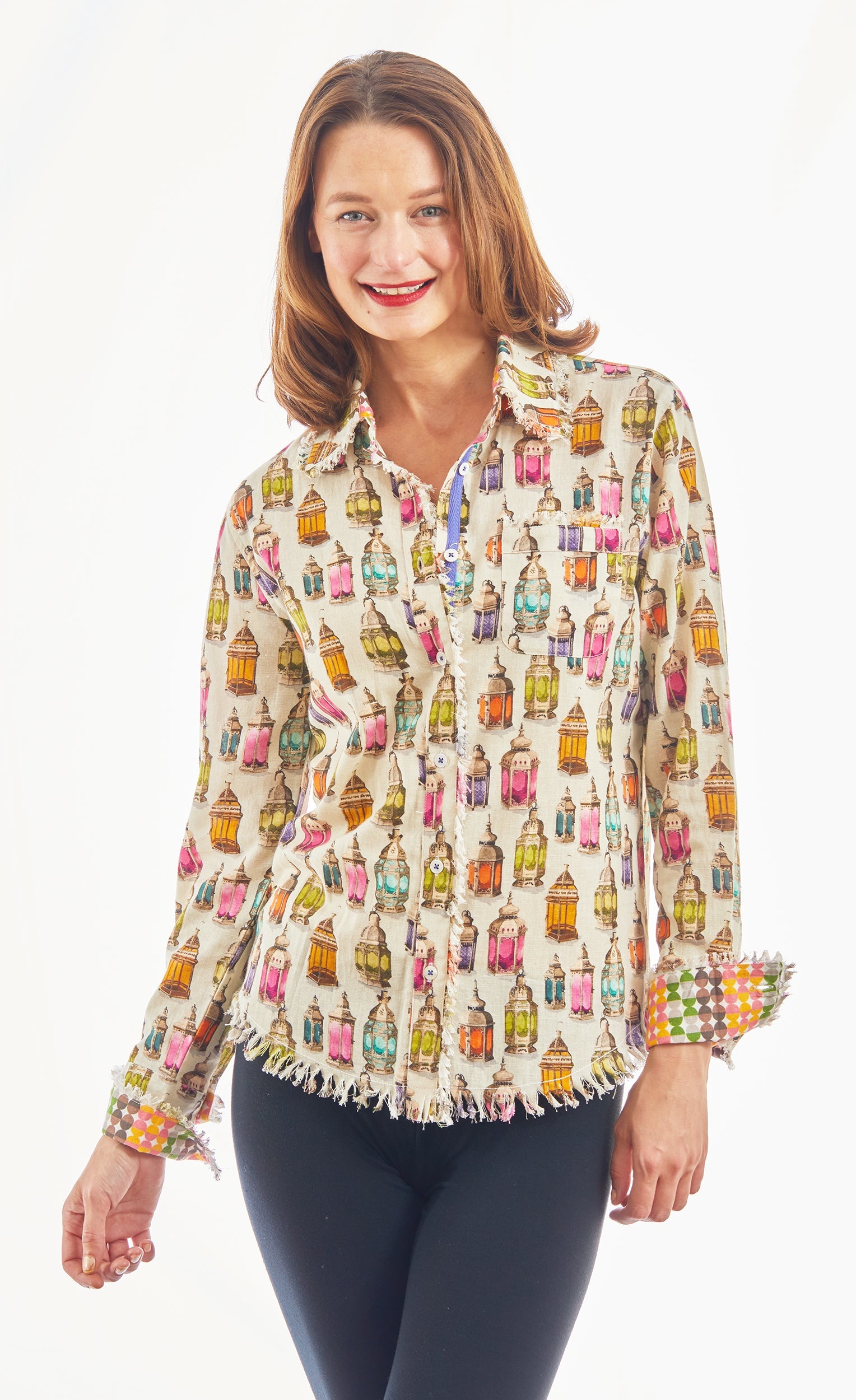 Dizzy-Lizzie Cape Cod Tunic with Moroccan lantern print, linen and cotton fabric, displayed as a casual boho tops illustration.