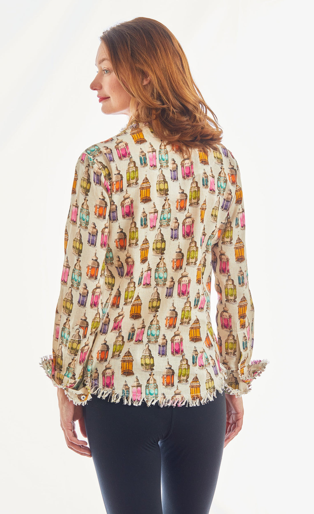 Dizzy-Lizzie Cape Cod Tunic in Moroccan lantern print, linen cotton top with relaxed fit and vibrant pattern.