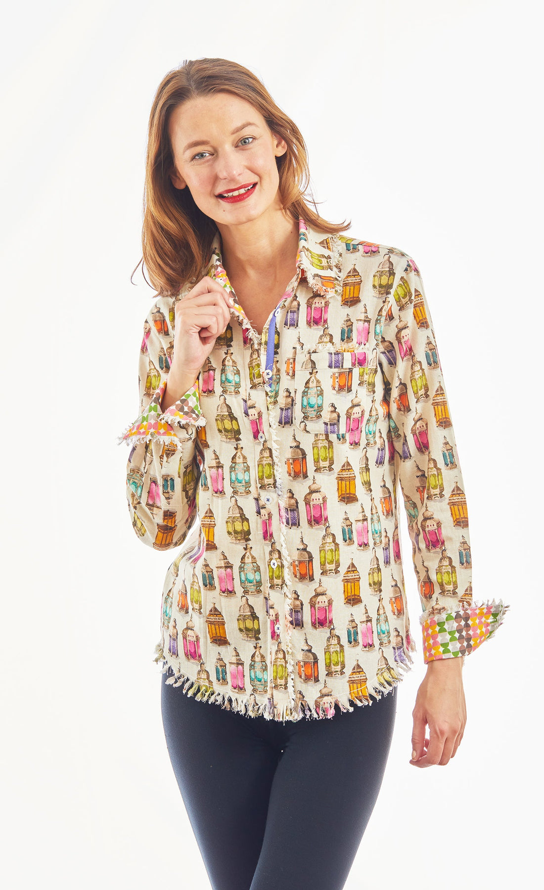 Dizzy-Lizzie Cape Cod Tunic in Moroccan lantern print, linen cotton tops with relaxed fit and vibrant bohemian style.