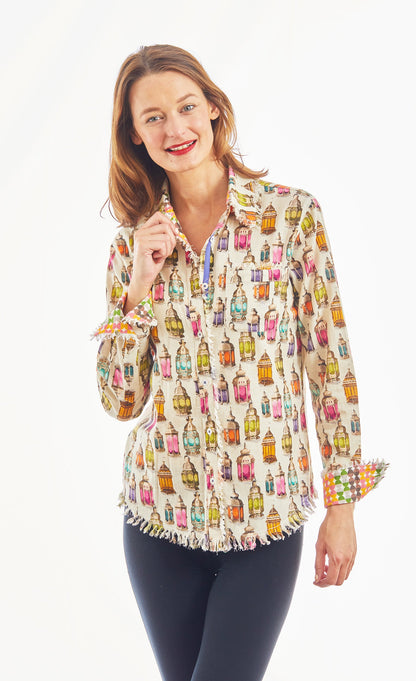 Dizzy-Lizzie Cape Cod Tunic in Moroccan lantern print with linen and cotton fabric, featuring a relaxed top style.