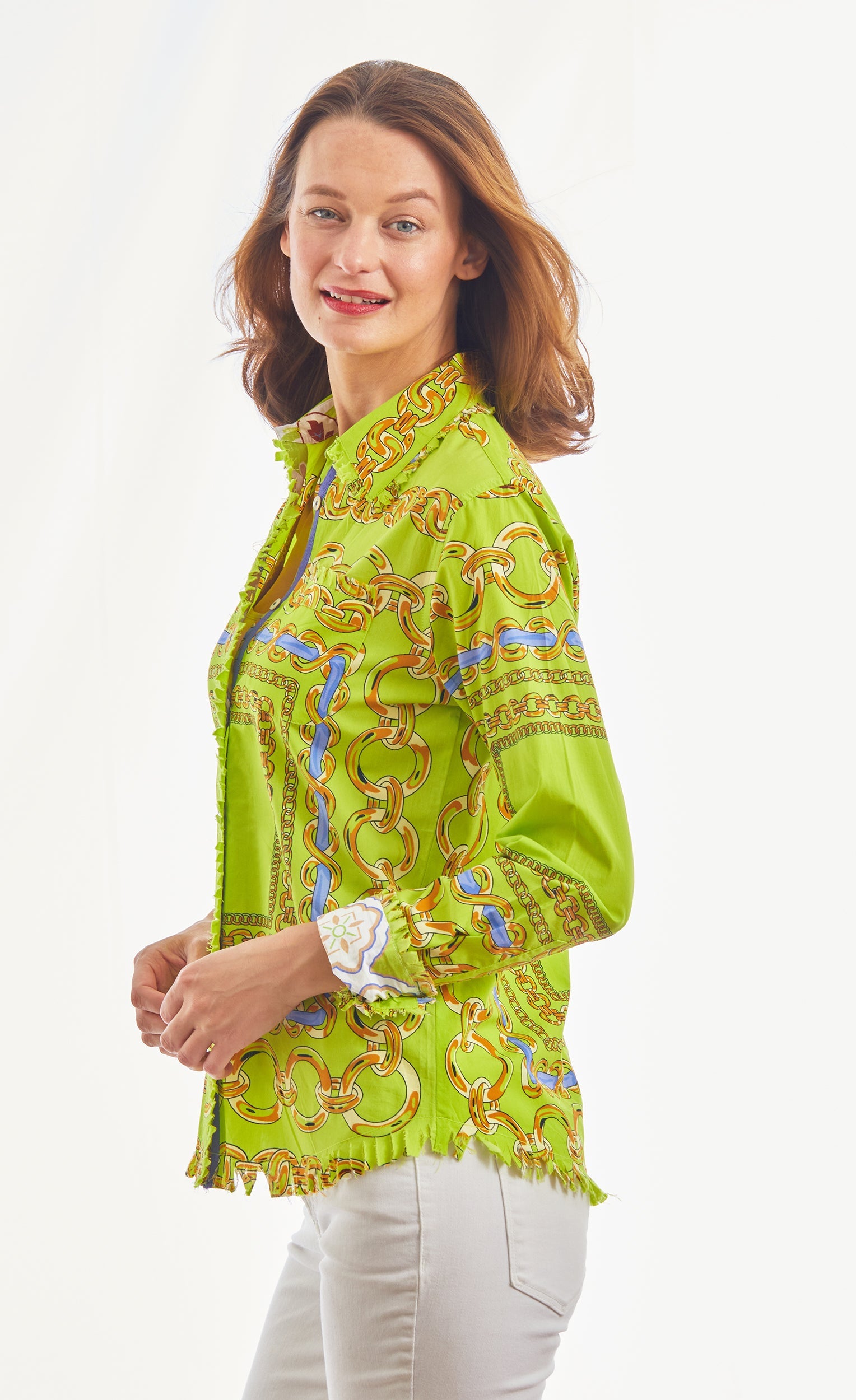 Dizzy-Lizzie Cape Cod Acid Green and Navy Links cotton stretch top, featuring a stylish design with colorful patterns and comfortable fit.